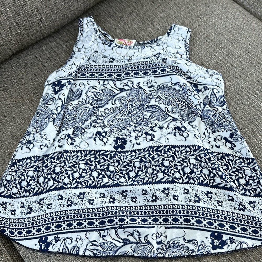 Kiddo Girls Navy Blue Cream Paisley Boho Sleeveless Open Split Back Swing Top 12